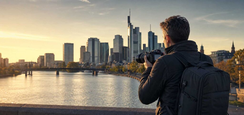 Fotograf mit Kamera vor der Frankfurter Skyline